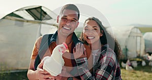 Happy chicken farmer people, couple smile in sustainable agriculture and small business farming in Houston. Organic