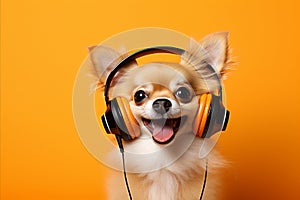 Happy chihuahua dog listening to music in headphones on orange background with text space