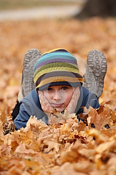 Happy child in autumn leaves