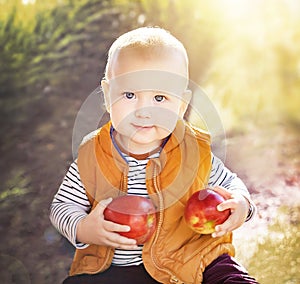 Happy child (baby boy) with two red organic apples in the autumn (fall) day. Kid eating healthy food, snack.