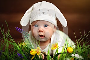 Happy child baby dressed as the Easter bunny rabbit on the grass