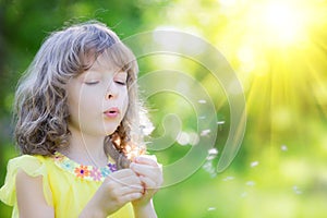 Happy child blowing dandelion flower outdoors