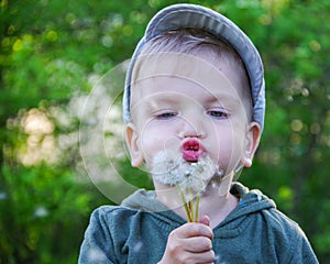 Happy child blowing dandelion making a wish outdoors in spring park.