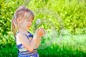 Happy child blowing dandelion on nature in the park