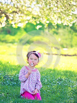 Happy child blowing dandelion outdoors in spring