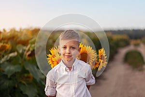 Happy child with bouquet of beautiful sunflowers in summer sunflower field on sunset. Mother day