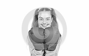 happy child boxer in boxing gloves ready to fight and punch isolated on white, activity