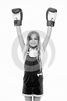Happy child in boxing gloves isolated on white. Little champion. Childhood development and health. I can defense myself