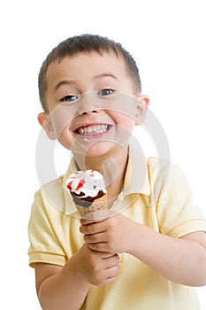 Happy child boy eating ice cream isolated