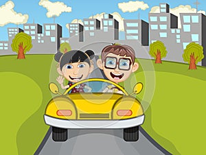 Happy Child on a car with city background cartoon