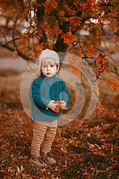 The happy child is coming. A boy dressed in a green jacket and brown trousers.