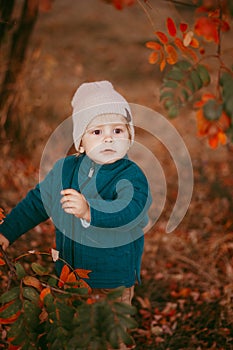 The happy child is coming. A boy dressed in a green jacket and brown trousers.