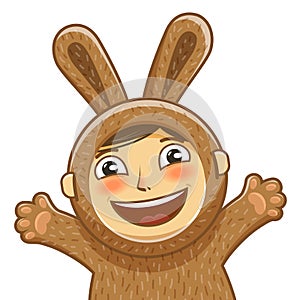 Happy child in costume rabbit. Bunny, hare cartoon. Vector illustration