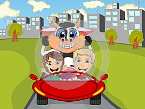 Happy Child with cow on a car with city background cartoon