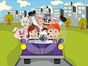 Happy Child, cow, pig, sheep on a car with city background cartoon