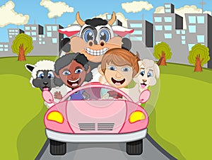 Happy Child, cow, and sheep on a car with city background cartoon