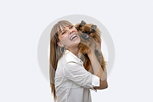 Happy child with dog. Portrait girl with pet., isolated