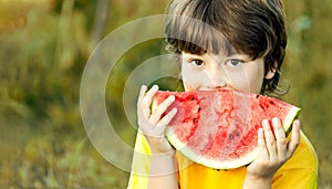 Happy child eating watermelon in garden. Boy with fruit outdoors park