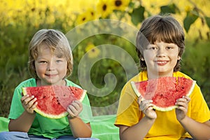 Happy child eating watermelon in garden. Two boys with fruit in