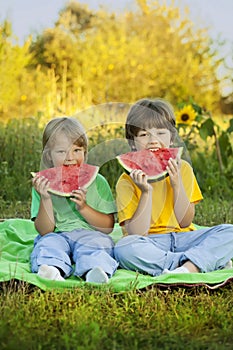 Happy child eating watermelon in garden. Two boys with fruit in