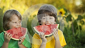 Happy child eating watermelon in garden. Two boys with fruit in