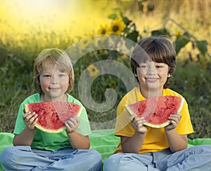 Happy child eating watermelon in garden. Two boys with fruit in park