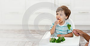 The happy child eats broccoli. Organic Cabbage and food on a plate.