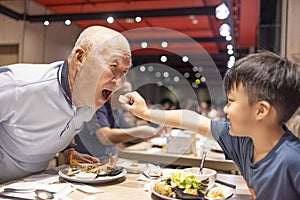 Happy child feeds grandfather with cookie in restaurant