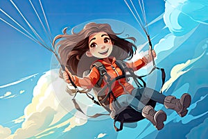 happy child fly with paraglider in blue sky AI generated
