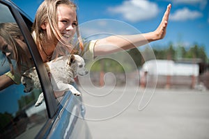 Happy child girl and dog chihuahua looking out the open car window