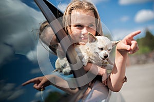 Happy child girl and dog chihuahua looking out the open car window