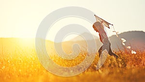 Happy child girl with a kite running on meadow in summer