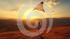 happy child girl with a kite running on meadow in summer in nature