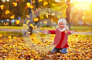 Happy child girl laughing and playing leaves in autumn