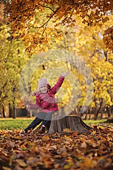 Happy child girl playing with autumn leaves on the walk in sunny autumn day