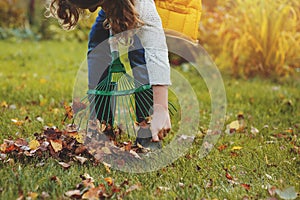 Happy child girl playing little gardener in autumn and picking leaves into basket