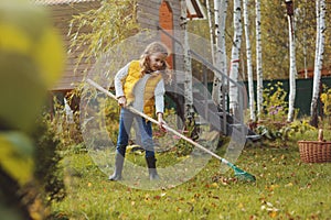 Happy child girl playing little gardener in autumn and picking leaves into basket. Seasonal garden work