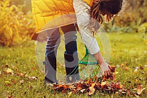 Happy child girl playing little gardener in autumn and picking leaves into basket. Seasonal garden work.