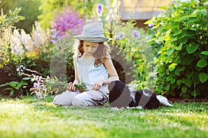 Happy child girl relaxing in summer garden with her spaniel dog, wearing gardener hat and holding bouquet of flowers