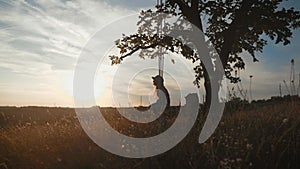 Happy child girl on swing at golden summer sunset. Silhouette of a young teenager girl swinging on the lone tree at