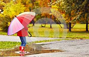 happy child girl with umbrella walking through puddles after autumn rain