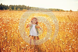 Happy child girl walking on summer meadow with dangelions. Rural country style scene, outdoor activities.