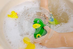 happy child, girl 3 years old plays with rubber green, yellow ducks for swimming