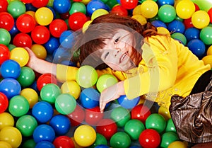 Happy child in group colourful ball.