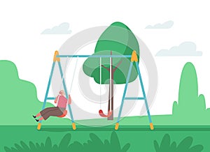 Happy Child Having Fun on Swing. Baby Character Playing on Backyard or City Park Playground, Kindergarten or Kids Zone