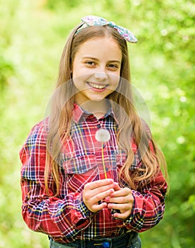 Happy child hold blowball. Natural beauty. Childhood happiness. summer vacation. Rancho and country. little girl and