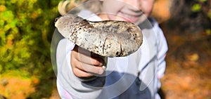 Happy child holding mushroom. White Lactarius resimus mushroom genus Lactarius family Russulaceae.  Collecting and harvesting