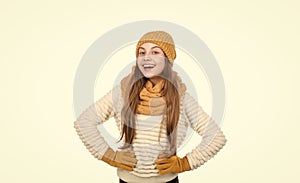 happy child in knitted hat scarf and gloves warm clothes isolated on white, warm clothes