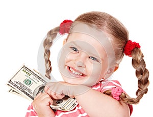 Happy child with money dollar.