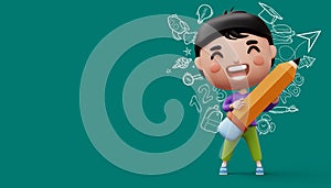 Happy child with pancil, cute boy cartoon character, 3d rendering